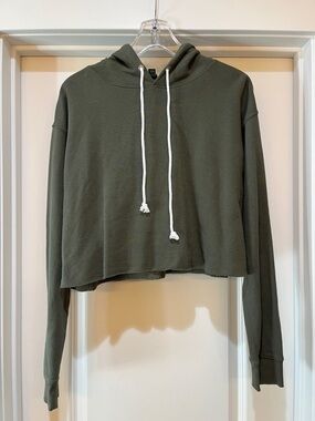 Olive Cropped Hoodie with Drawstring - Womens Top